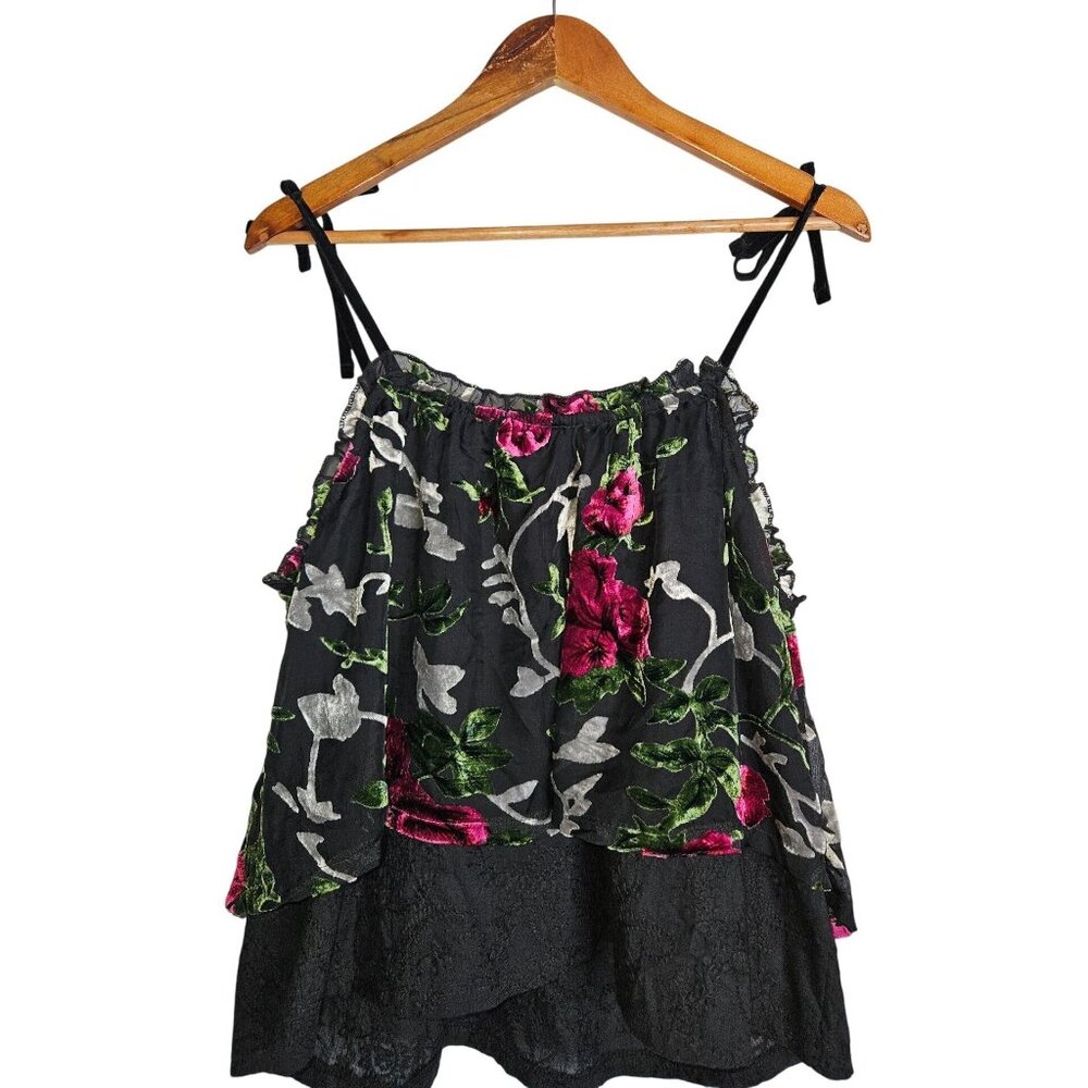 POL Burnout Floral Velvet Dark Romance Double Layer Cami Top Women M